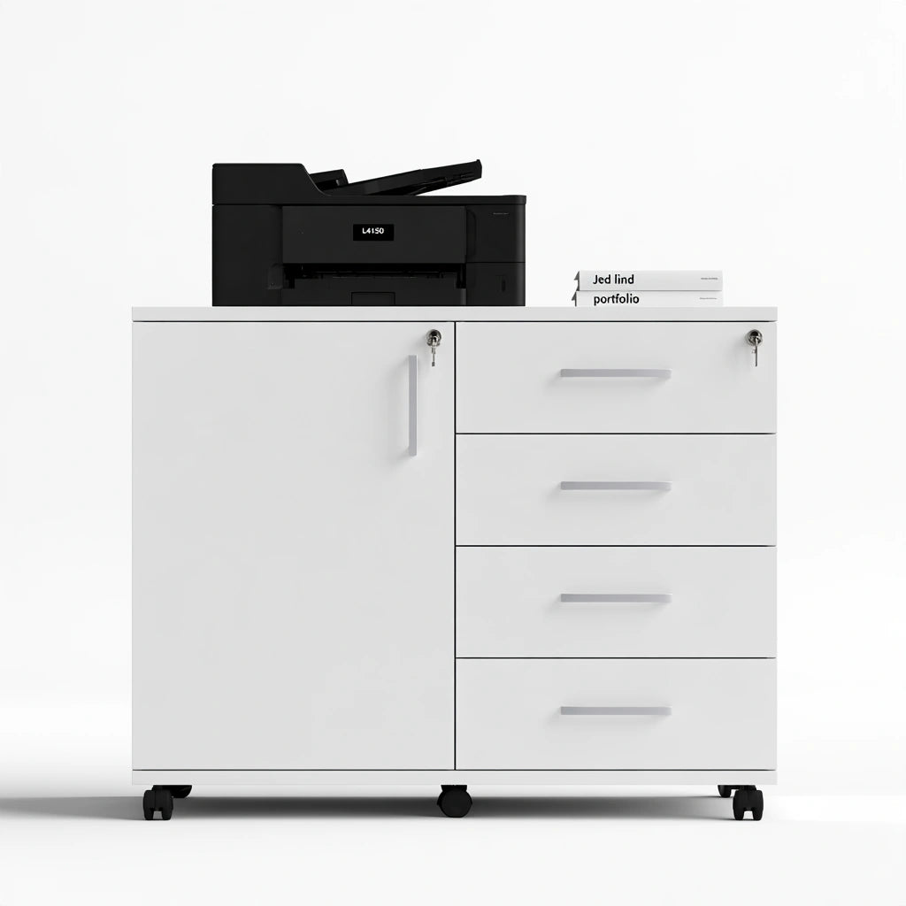 Armoire de bureau en bois sur roulettes, coloris noir et blanc