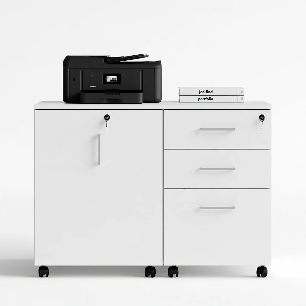 Armoire de bureau en bois sur roulettes, coloris noir et blanc