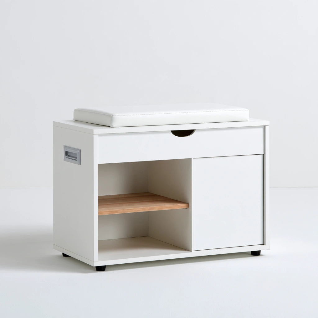 Banc à chaussures avec assise rembourrée en bois, coloris blanc